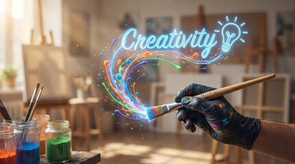 Sparking Creativity: Hand Holding Paintbrush Emitting Vibrant Digital Light, Illuminating Art & Imagination in Studio