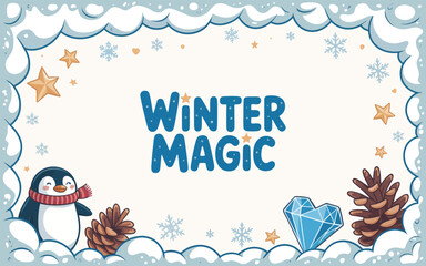 Winter Magic Illustration with Penguin, Diamond Heart and Pine Cones in Snowy Frame