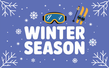 Winter Season Background with Ski Goggles and Skis on Blue Snowing Backdrop