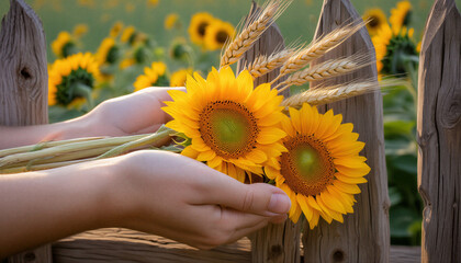sunflowers in a hand Womans hands holding wildflowers bouquet with flowers
