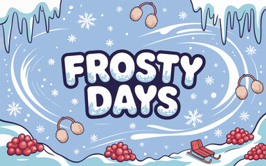 Frosty Days Illustration with Snow Swirls, Earmuffs, Sled and Red Berry Clusters