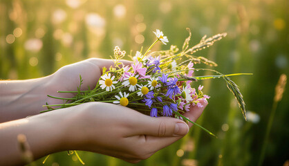 Womans hands holding wildflowers bouquet with flowers