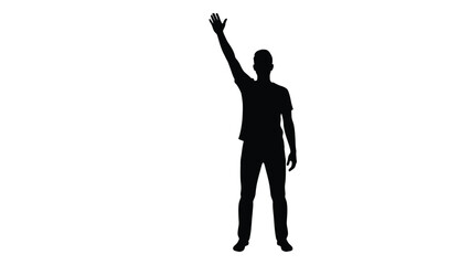 Silhouette of a person raising one hand against a white background