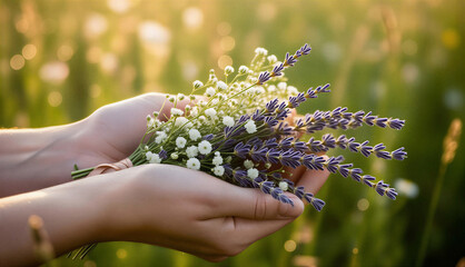 Womans hands holding wildflowers bouquet 
 with lavender flowers