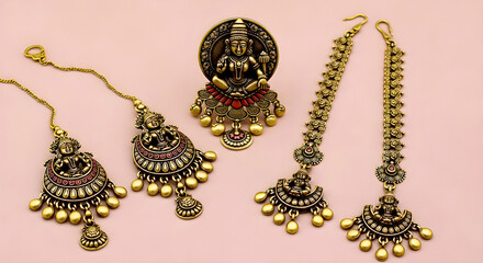 Traditional Indian Gold Jewelry Set with Ornate Ganesh Motifs: Necklaces, Earrings, and Pendants