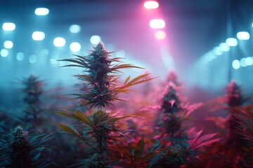 Cannabis plants grow under colored lights in a garden Generative AI