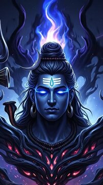 Mythic blue Hindu deity with flaming aura and glowing third eye.