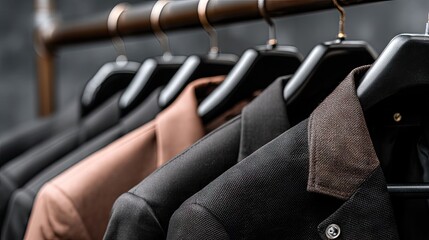 Close-up shot of mens suits highlighting buttons and pockets in a fashion shop with a focus on luxury detail and fabric texture