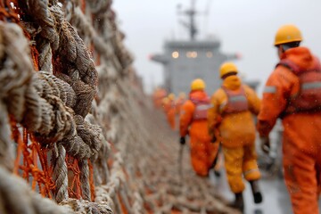 Crew tightens cargo nets for safe operations Generative AI