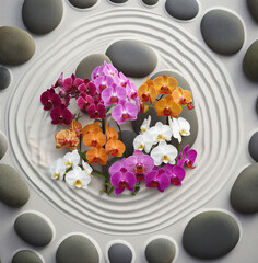 stones and colorfull pink beautiful orchid flowers 