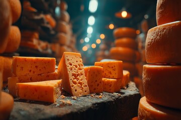 Cheese blocks piled high for warehouse distribution Generative AI