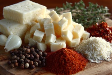 Cheese mixes with spices and herbs on a wooden board Generative AI