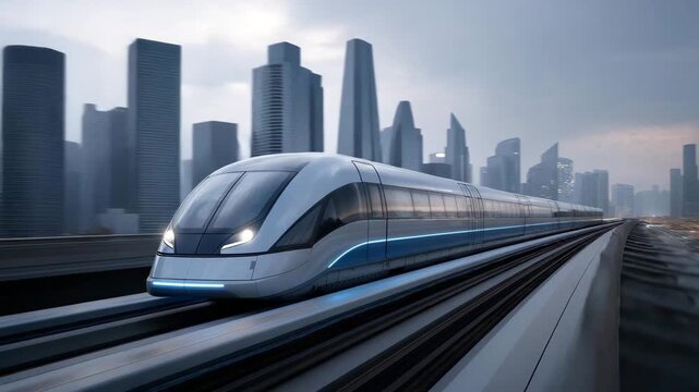 A futuristic maglev train gliding silently above its track at sunrise, blue underglow reflecting on polished metal as commuters witness frictionless speed &mdash; magnetic levitation transportation,