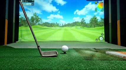 Golf Simulator Setup with Club and Ball - This video showcases a golf simulator setup, featuring a golf club resting next to a golf ball on artificial grass. - Powered by Adobe
