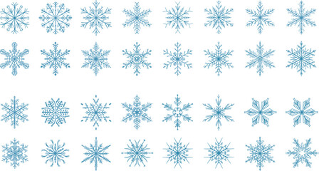 Snowflake icon collection featuring various blue crystal line art vector designs for winter holidays Christmas decor and seasonal weather graphic design elements.