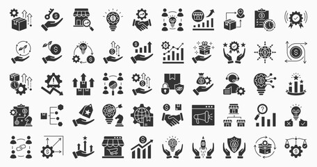 Business Opportunities icon set collection solid style. Containing product development, innovation, investment, partnership, sustainability, market research, strategy and growth icon.