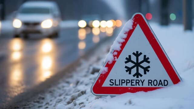 triangular "slippery road" warning sign with a snowflake symbol, partially covered in fresh snow.
