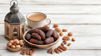 Festive Ramadan Kareem table with dates, assorted nuts, traditional lantern and a cup of tea. Warm atmospheric setting symbolizing iftar, hospitality and the holy Muslim month.