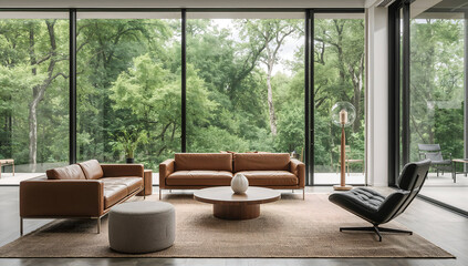 Modern living room with leather sofas and large windows overlooking a lush forest
