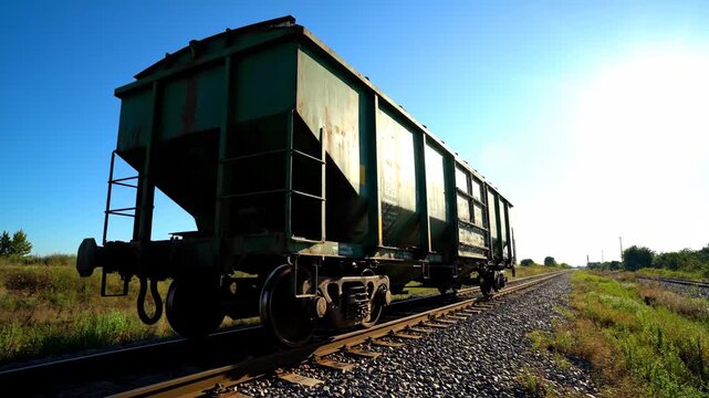 Hopper Car on Railroad Tracks - A weathered green hopper car sits on railroad tracks under a clear blue sky. The sun is bright, causing lens flare.