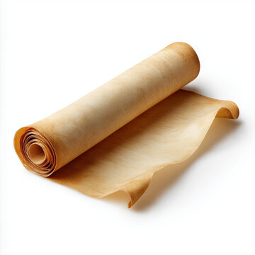 Rolled Parchment Paper Scroll Partially Unrolled Isolated on White Background, Vintage Manuscript Texture for History, Medieval Document and Classic Design