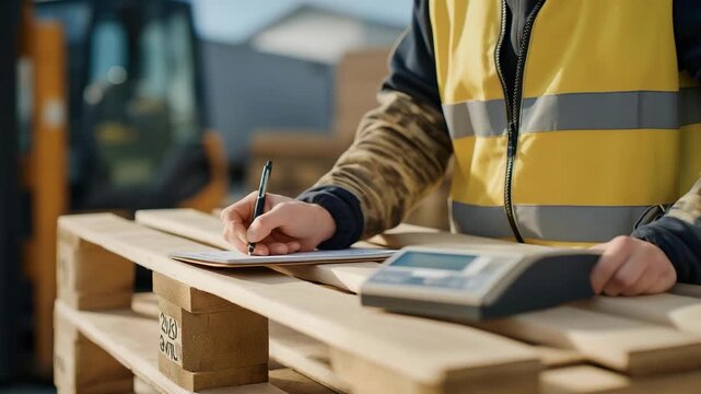A pallet being weighed on an industrial scale before loading, digital display showing precise metrics as a worker notes down shipping data &mdash; freight accuracy, palletized cargo measurement, and