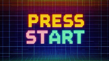 Graphic display of press start message in retro style with bright colors and prominent letters