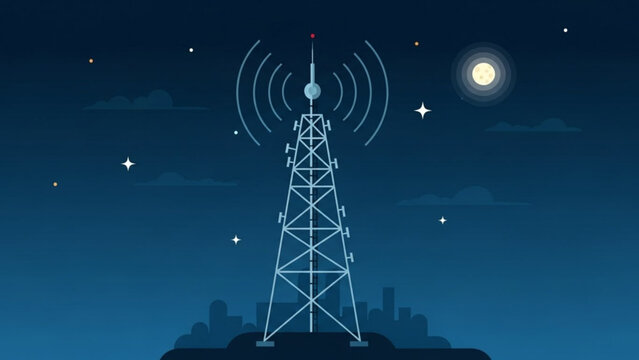 A tall metal communication tower stands on a hill under a starry night sky with a full moon emitting signal