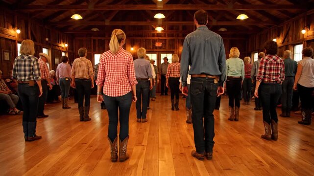 Group Line Dancing Event - An indoor group of adults participate in a line dancing lesson. The dancers are wearing casual clothing including jeans, cowboy boots and button-down shirts in a rustic