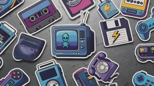 Vintage retro gaming stickers collection on a gray background featuring various old consoles and accessories with a nostalgic feel