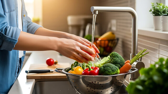 Woman washing fresh tomatoes and broccoli in a metal colander under a kitchen tap with bright sunlight streaming in.