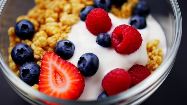 Delicious Yogurt Parfait with Fresh Berries and Granola for Breakfast.