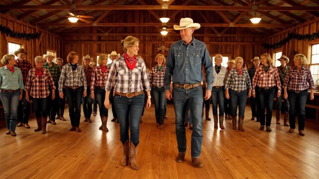 Country Western Dance Group - A group of people wearing country western attire, including cowboy hats, boots, jeans, and plaid shirts, are line dancing in a wooden barn.