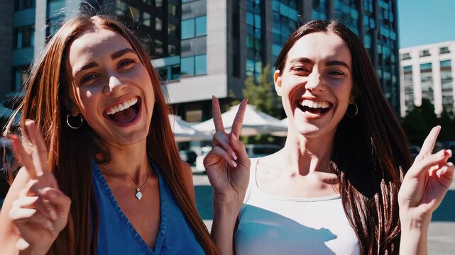 Two young women smiling happily, making peace sign gestures close to the camera, playful and energetic mood, urban outdoor background, natural daylight