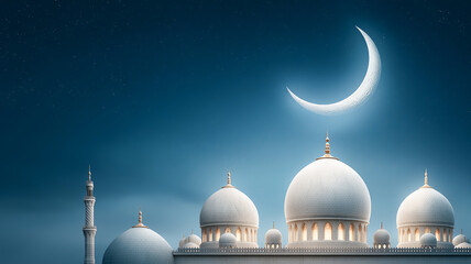Background with shining crescent moon over mosque domes in the night sky, calm spiritual atmosphere and large space for text, suitable for Ramadan banners