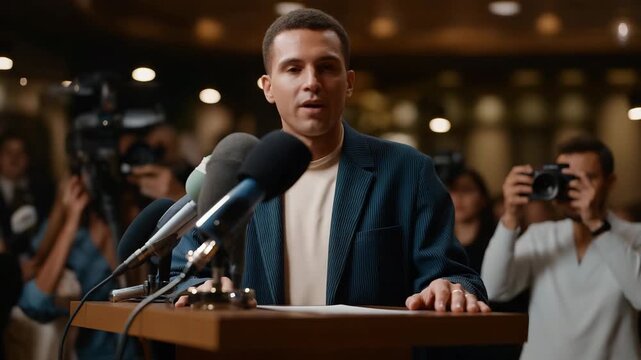 A public relations officer speaking at a press conference podium, microphones clustered tightly while cameras flash across the crowded room &mdash; official media briefing, corporate communication