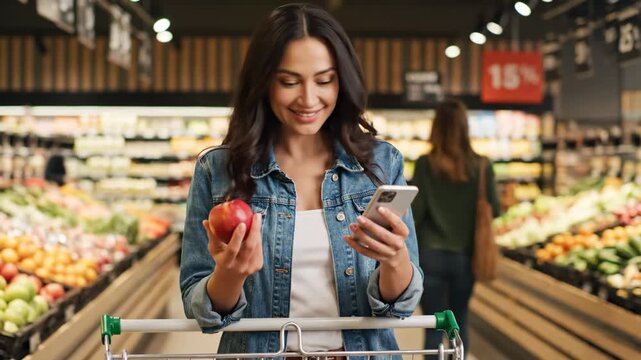 Woman Checking Phone in Supermarket - A young woman in a denim jacket checks her smartphone while holding a red apple in a supermarket.