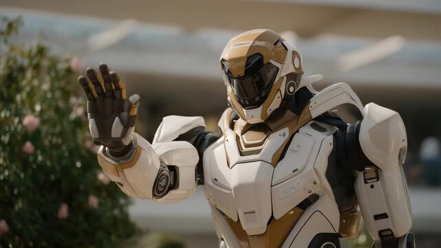 A robotics booth showcasing a friendly humanoid robot that shakes hands, waves, and answers questions while engineers explain its sensors &mdash; futuristic robotics exhibition, AI engagement, and