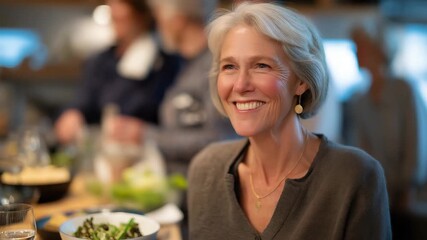 A senior woman laughing with friends during a healthy cooking workshop, bowls of fresh ingredients spread across a communal table — social wellness, nutrition education, and community-based senior