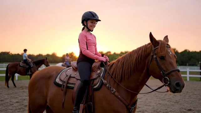 Girl Horseback Riding at Sunset - A young girl wearing a helmet and pink top sits astride a chestnut horse, smiling into the distance.