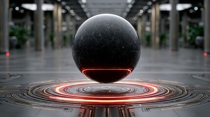 Abstract 3D illustration of a floating black sphere with glowing red accents, positioned above a circular base, set in a modern, futuristic environment with sleek architectural elements