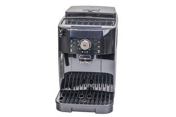 Close up view of modern automatic coffee machine isolated on white background. Sweden.