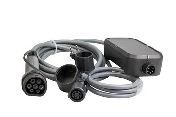 Close up view of electric vehicle charging cable with connectors isolated on white background. Sweden.