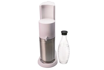 Close up view of modern sparkling water maker with bottle isolated on white background. Sweden.