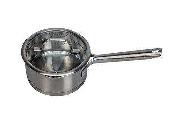 Close up view of stainless steel saucepan with long handle isolated on white background. Sweden.