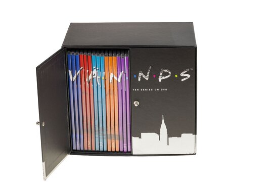 Close up view of Friends television series DVD box set with discs inside isolated on white background. Sweden.