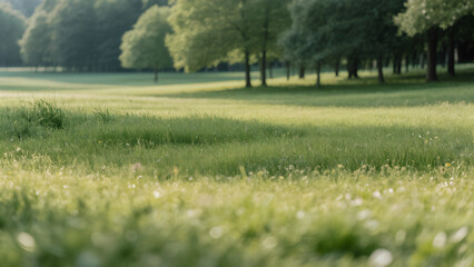 Blurred background of natural greenery and trees in the park, with sunlight filtering through.