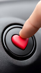 Close-up of a finger pressing a heart-shaped push start button inside a car, symbolizing love, technology, driving experience and modern vehicle control concept.
