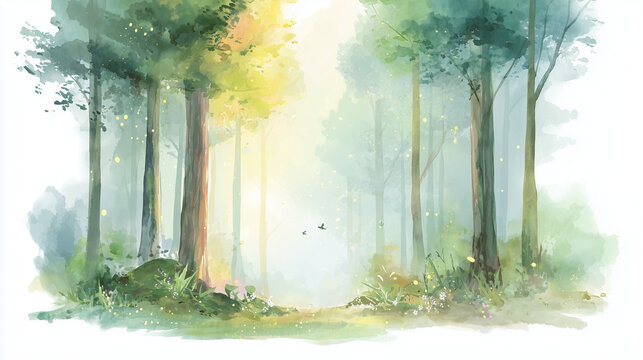 Soft watercolor illustration of a healing forest