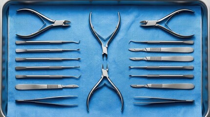 Surgical instruments arranged on a blue sterile tray